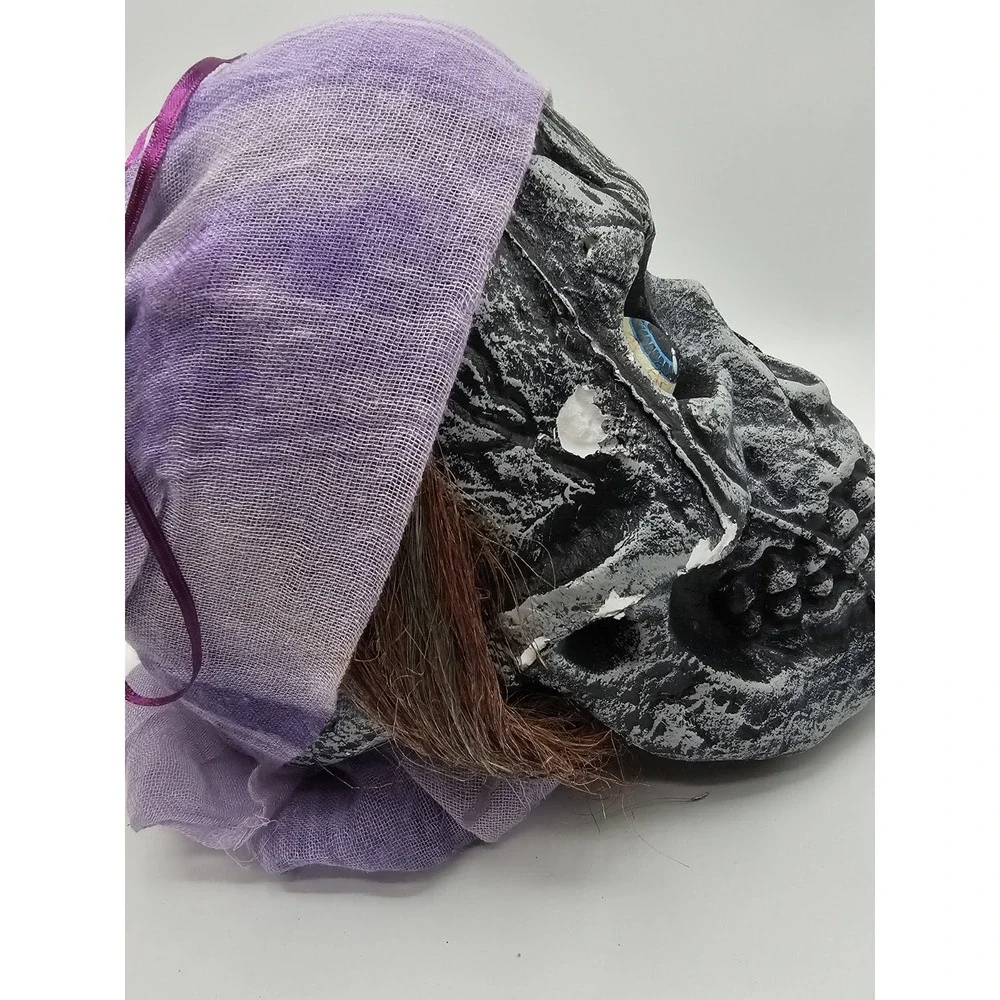 Vintage Hanging Skull Styrofoam Pirate Purple Cap Bulging‎ Eyes Halloween Prop
